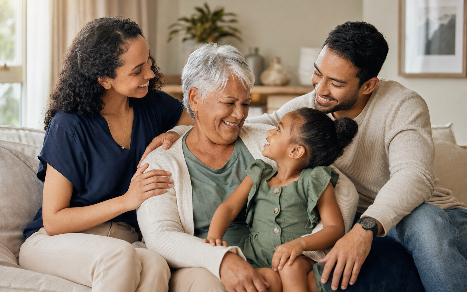A smiling multigenerational family together at home